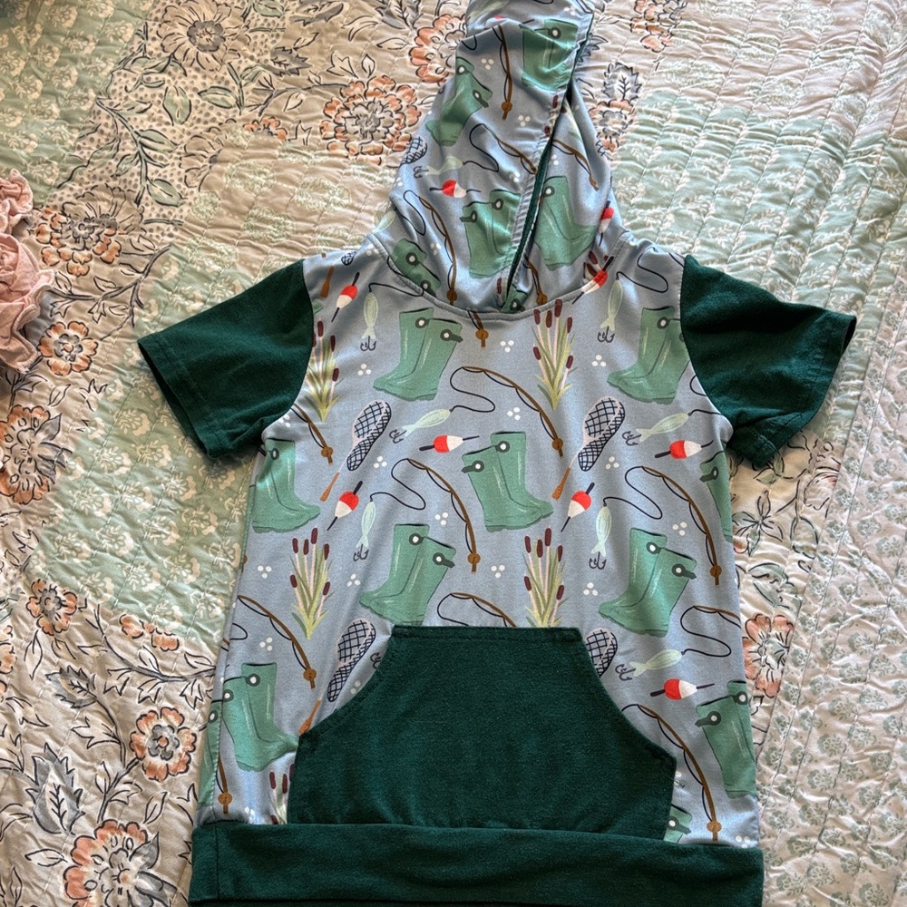 Kids Short Sleeve Hoodie Tee in Green Boots Print